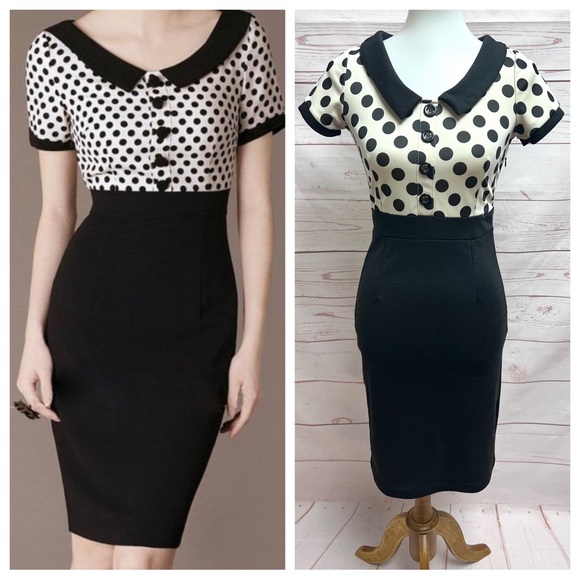 Miusol Retro Polka Dot Peter Pan Collar Colorblock Wiggle Dress - Picture 1 of 9